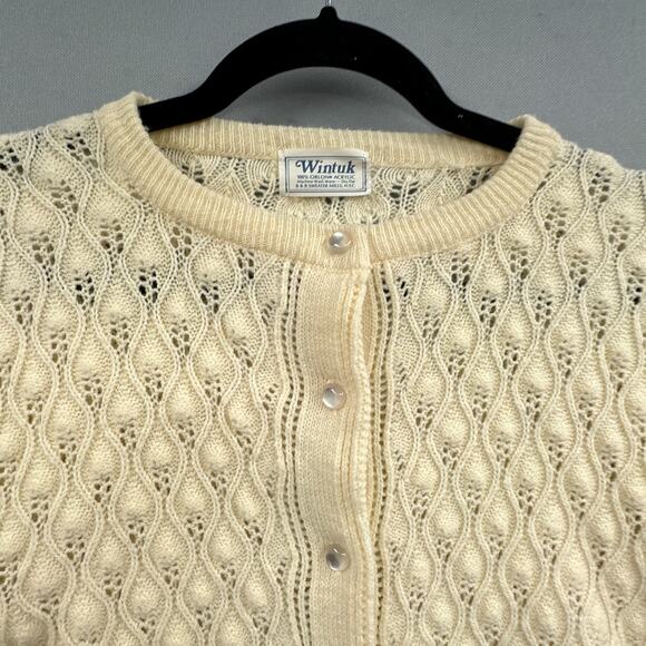 VTG Cardigan Sweater S Cream Granny Cottagecore 60s Mod MCM Bubble Knit Pearl US - Picture 7 of 15